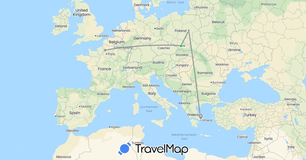 TravelMap itinerary: bus, plane in France, Greece, Poland (Europe)